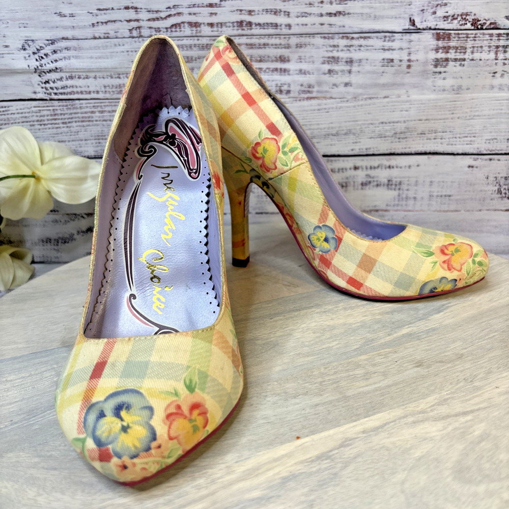 Vintage Irregular Choice Tartan Plaid Floral High Heel Shoes Pumps EU 39 US 8.5